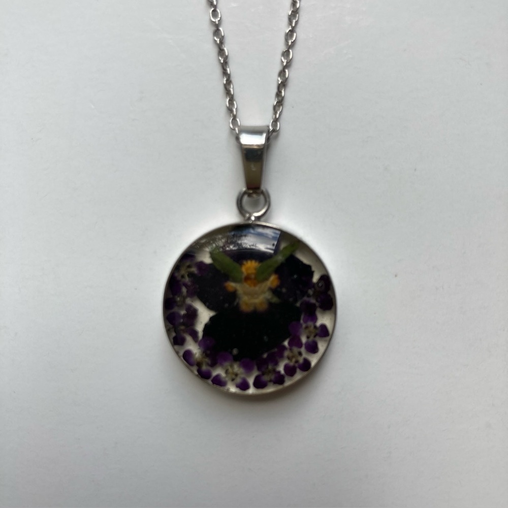 Sterling Silver Purple Flowers In Acrylic Pendant on 16” Chain